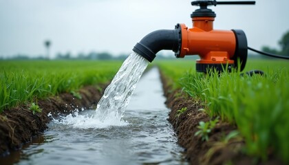 Fototapeta na wymiar Water flows from orange industrial pump through black pipe into irrigation ditch. Stream irrigates vibrant green farm field with young crops in rows. Shows modern agriculture water supply management