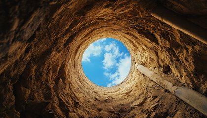 Underground mine tunnel shows rough dirt walls. Light shines from opening, illuminating long conveyor belt. Dark passage suggests industrial transport