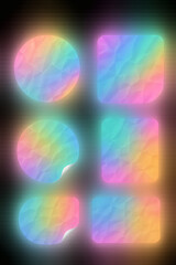 Iridescent stickers glow on a dark surface, featuring round and square shapes, some peeled, showcasing pastel rainbow colors and a textured design.