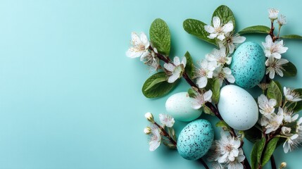 Easter eggs in various shades of blue and green rest among delicate white flowers and green leaves on a soft blue surface highlighting the joy of springtime celebrations.
