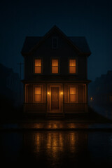 A serene image of a two-story home glowing warmly against the dark, rain-slicked streets of its cozy neighborhood. It evokes calm.