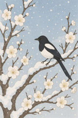 A winter scene featuring a magpie perched on a snow-laden branch, surrounded by delicate white blossoms under a pale blue sky with snowflakes.