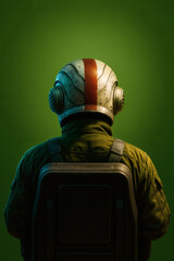 Astronaut clad in a spacesuit with a helmet, facing away, evokes a sense of mystery, journey, and adventure, with a touch of solitude.