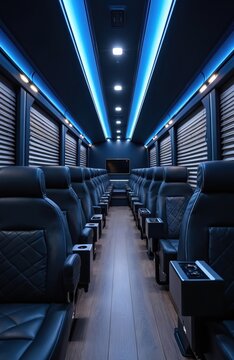 Luxury bus interior with plush leather seats, ambient blue lighting, and wood flooring. Modern van designed for comfortable passenger travel, offering first-class journey experience. High-end vehicle.