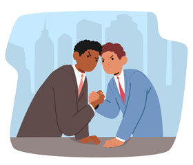 Two businessmen characters clashed in arm-wrestling to prove leadership and successfulness