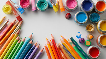 &ldquo;An artistic arrangement of colorful school supplies, including pencils, paints, and paper, is displayed on a white background, evoking creativity and a back-to-school theme.&rdquo;