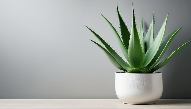 a vibrant aloe vera plant in a simple white pot against a light gray wall - Powered by Adobe