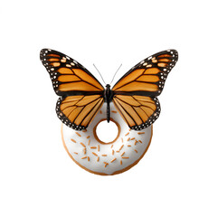 Obraz premium Monarch butterfly sitting on white glazed donut with sprinkles isolated on white background, creative food concept top view