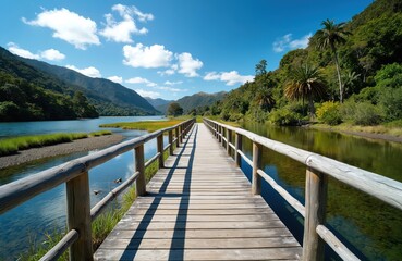 Scenic view of a wooden boardwalk above water. Forest hills surround lake with clear blue sky. Remote landscape with green trees, palms. Wonderful place for travel hiking vacation.