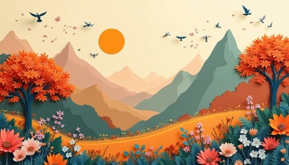 Paper cut autumn landscape features layered mountains, vibrant orange trees. Birds fly in warm sky near bright sun. Colorful flowers bloom on rolling hills. Beautiful nature art shows peaceful fall