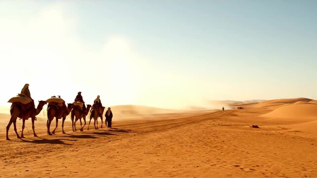 Camel caravan led by men journeys through endless sand dunes. Traditional desert nomads traverse arid landscape at dusk. Documentary footage of expedition in vast wilderness.