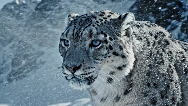 Majestic Snow Leopard With Piercing Blue Eyes Stares Intently Amidst a Snowy Mountain Landscape During a Winter Storm With Falling Snowflakes and Soft Natural Lighting