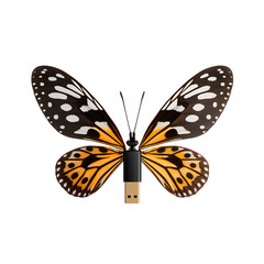 Butterfly with orange wings and USB flash drive body isolated on white background, digital storage concept