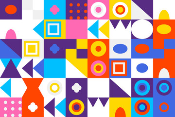 Vibrant geometric mosaic pattern with diverse shapes and bright colors creating a dynamic abstract modern design backdrop