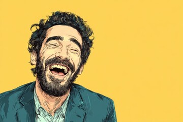 Man in Genuine Laughter: A jovial individual radiates pure joy, his laughter echoing against the backdrop of vibrant yellow, capturing an infectious emotion of happiness.