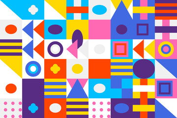 Colorful abstract geometric background pattern with diverse shapes and playful elements evoking signal flags and retro design.