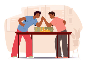 Male entrepreneurs in intense arm-wrestling match symbolizing fight for money and market dominance