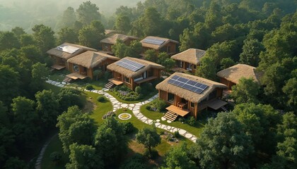 Aerial view shows several eco houses nestled in dense green forest. Home thatched roof, solar panels. Stone paths connect buildings in beautiful sustainable village tranquil resort during bright