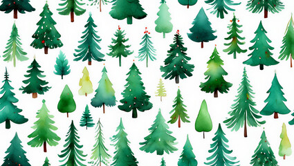 Obraz premium Watercolor Christmas tree wallpaper featuring various green fir and pine trees on a white background. Ideal background for the festive season, winter holidays, decoration, and design projects.