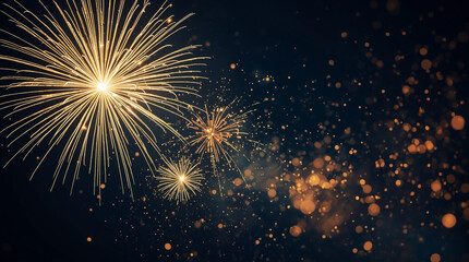 Naklejka premium Golden fireworks exploding against a dark night sky with sparkling bokeh lights, creating a vibrant festive atmosphere perfect for New Year celebrations, holiday events and elegant party backgrounds
