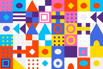 Vibrant geometric abstract pattern with diverse colorful shapes and forms creating a modern mosaic design and playful background