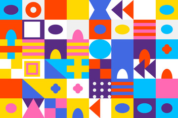 Vibrant abstract geometric pattern with a modern mix of colorful squares, circles, triangles, and lines design background.