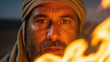 Dramatic close-up of a man's face lit by a campfire at night. An ancient traveler or biblical figure with an intense expression of awe and discovery