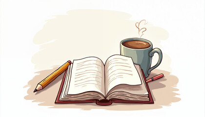 Fototapeta premium Open book with blank pages, pencil on desk. Hot coffee mug with steam sits nearby. Setup suggests study, writing, productive work for students professionals. Conveys learning, concentration, homework.