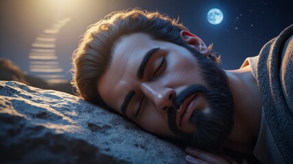 The biblical story of Jacob's dream with a ladder to heaven. A man sleeping on a stone having a divine vision from God