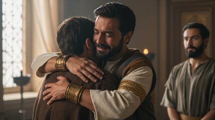 Three men in historical or biblical attire are in a softly lit room. In the foreground, two men are locked in a warm embrace. One man, with his back to the camera, wears a simple brown tunic. The othe
