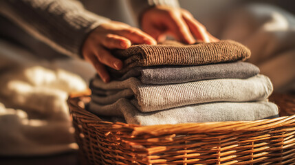 Obraz premium Warm close-up of hands folding soft knitted clothes and stacking them neatly in a wicker basket, capturing cozy home laundry, organization and everyday comfort
