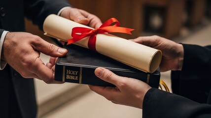 Hands exchanging a diploma scroll and a Holy Bible during a formal ceremony. Concept of graduation, faith-based education, and achievement