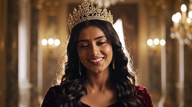 Close Up Smiling Adult With Golden Crown Cinematic Lighting