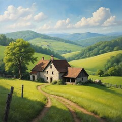 Fototapeta premium Rustic stone farmhouse stands in vibrant green valley. Rolling hills, fields surround old country home. Winding dirt path leads to house under bright blue sky with fluffy white clouds, creating