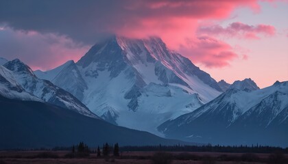 Dramatic photo of Denali mountain in Alaska during sunset. Pink and purple colors highlight sky and clouds. Huge snow-capped peaks in wilderness landscape. Nature background.