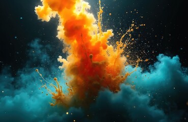 Fiery orange and cool blue smoke or liquid swirls collide in dark void. Small particles scatter like abstract cosmic explosion, representing volatile chemical reactions or energy transformation.