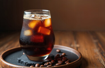 Cold iced coffee with ice cubes in a tall glass. Dark black beverage with foam sits on a wooden table with roasted coffee beans scattered around. Refreshing drink for warm weather.