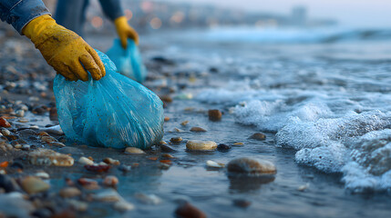 Man in gloves pick up plastic bags that pollute sea. Problem of spilled rubbish trash garbage on the beach sand caused by man - made pollution and environmental, campaign to clean volunteer in concept