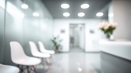 Medical clinic waiting area with clean white surfaces and soft lighting