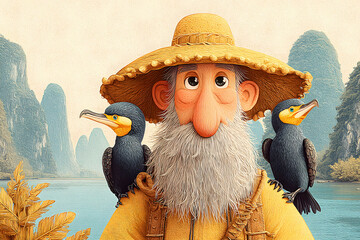 Whimsical Fisherman with Two Birds in Nature