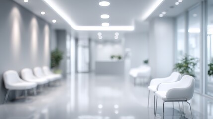 Medical clinic waiting area with clean white surfaces and soft lighting