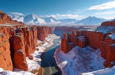 Winter landscape view over Charyn Canyon. Red rock cliffs meet snowy ground under blue sky. Majestic mountains with white snow at background. River flowing through canyon.