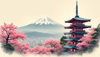 Illustration displays pagoda with Mount Fuji at spring. Sakura trees are in full bloom. This tranquil scenery is suited for travel posters and asian culture promotion. A tourist attraction landscape.