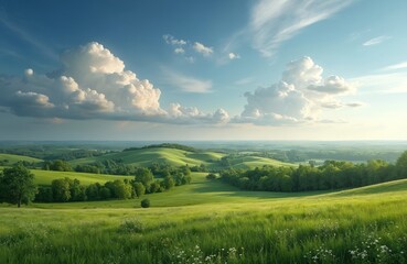 Obraz premium Green rolling hills under bright blue sky with fluffy white clouds. Rich grass fields, scattered trees create serene natural landscape, inviting peaceful contemplation, outdoor exploration. Rural