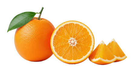 Vibrant whole orange with green leaf, half-cut orange revealing juicy segments, and two triangular slices on transparent, no shadows, macro food photography concept