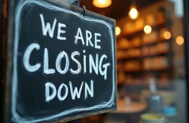 Black chalkboard sign on wooden frame with white handwritten text We Are Closing Down. Blurred background of store interior with shelves, lights. Business closure announcement with thankful gesture.