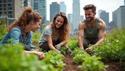 Friends happily plant herbs and vegetables in an urban rooftop garden. They share laughter and teamwork, with city buildings in background. Sustainable urban farming.