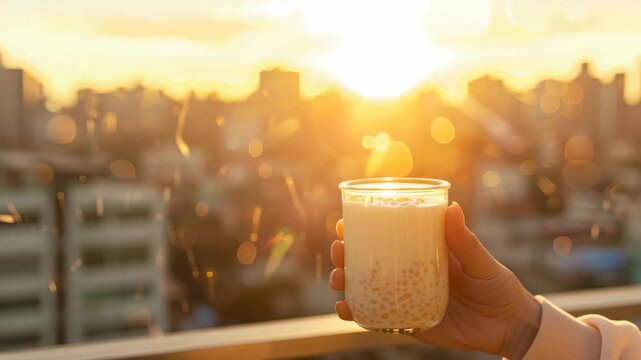 Hand holding milk tea with tapioca pearls at sunset in city