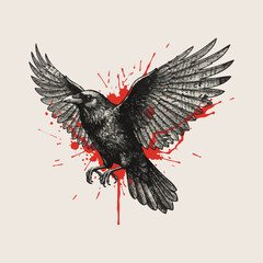 Dramatic black crow with red splatter accents &mdash; expressive artistic vector illustration symbolizing power, mystery, and emotional intensity