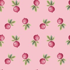 Hand drawn seamless pattern with cute kawaii veggies on soft pink background. Colourful pattern with smiling beets